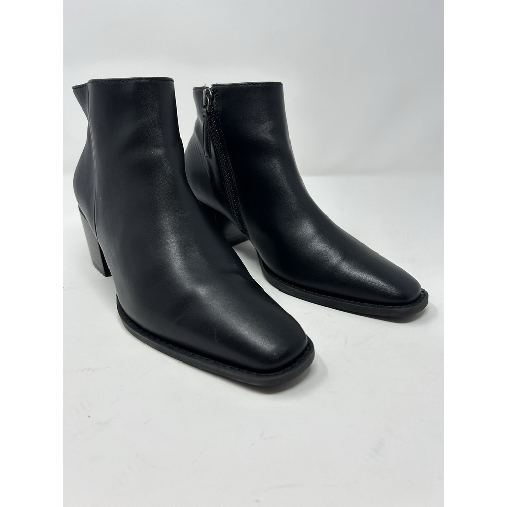 Linea Paolo Black Leather Ankle Boots Women's 7M Side Zip Block Heel Square Toe